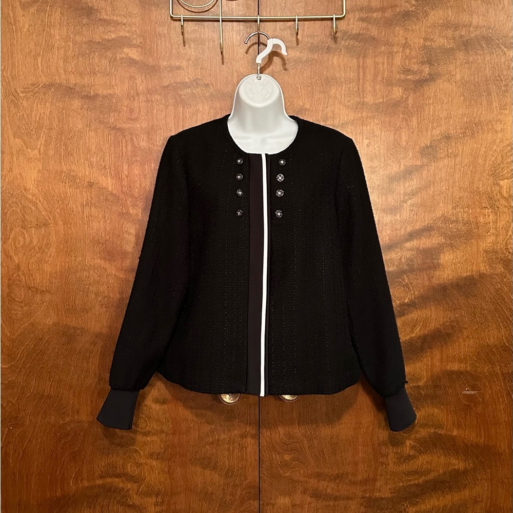 Maison Jules Long Sleeve Boucle Tweed Jacket Womens M Black & White Embellished